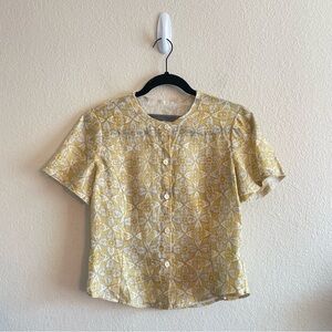 Raquel Allegra Yellow Button Up Collarless Short Sleeve Blouse Womens Size 0